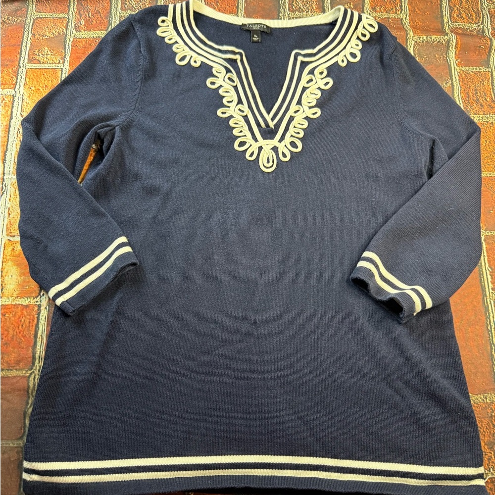 Talbots Navy and Cream V-Neck Sweater